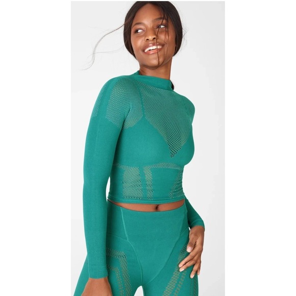 Fabletics Tops - Fabletics Peyton SculptKnit Top Womens L Teal Mock Neck Mesh Activewear Workout